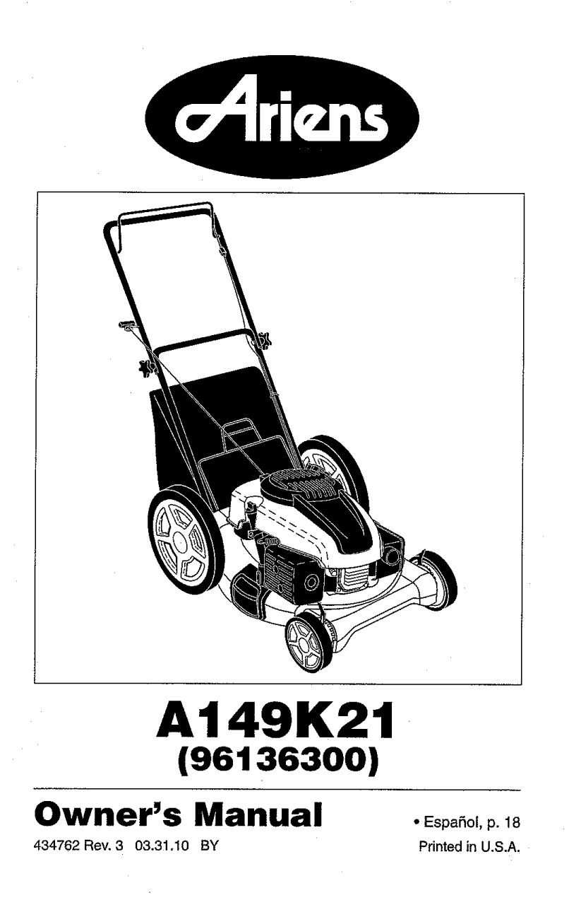 Ariens A149K21 (96136001101) Lawn Mower Owner's Manual Manualzz
