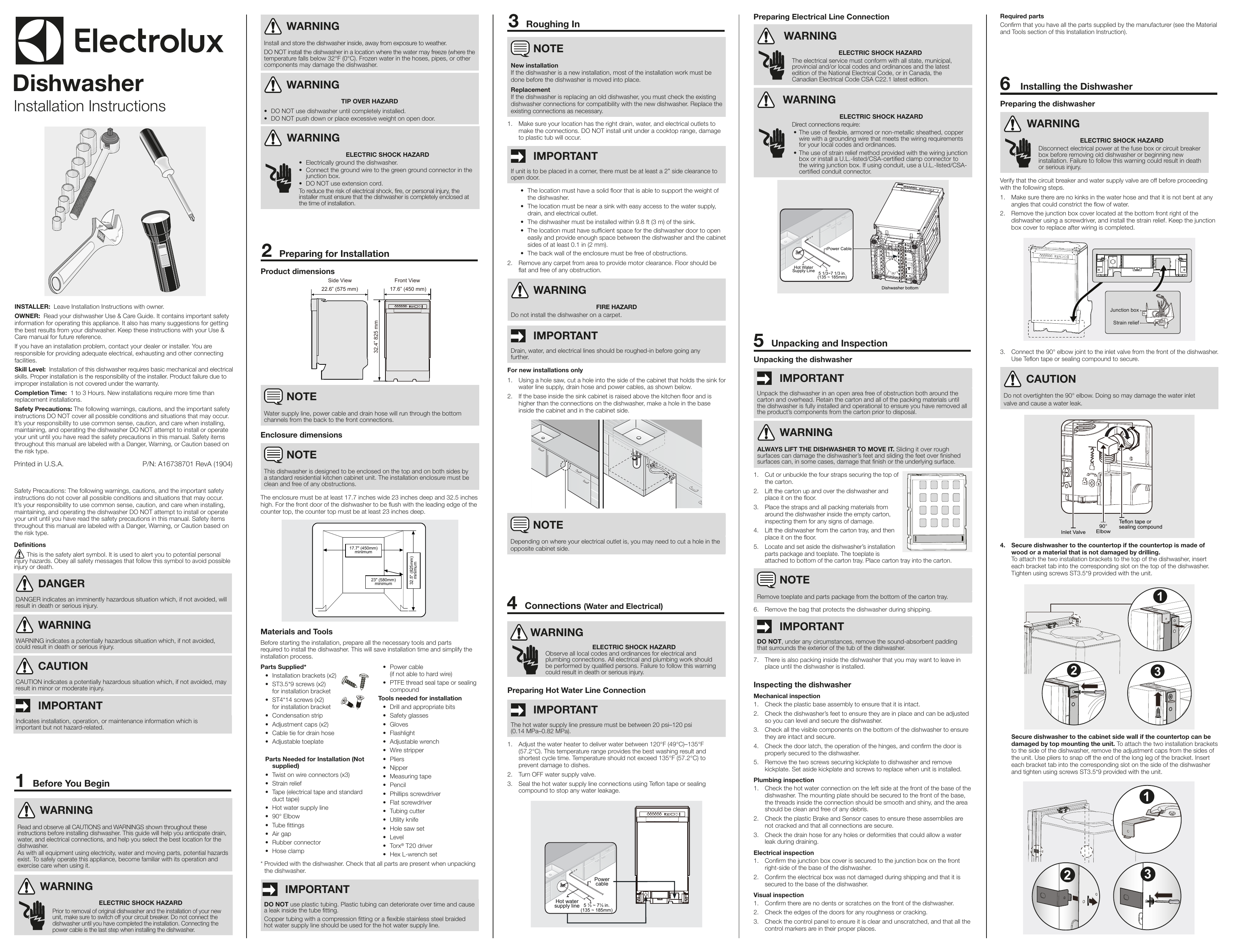 Electrolux EIDW1815US0A Dishwasher installation Guide Manualzz