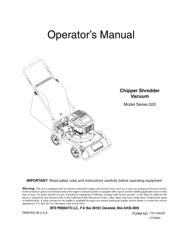 MTD 24A-021H700 Chipper/Shredder Vacuum Operator's Manual | Manualzz