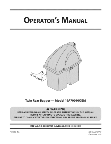 Owners Manual MTD Rear Bagger Mounting Kit Model 330 Cub Cadet 