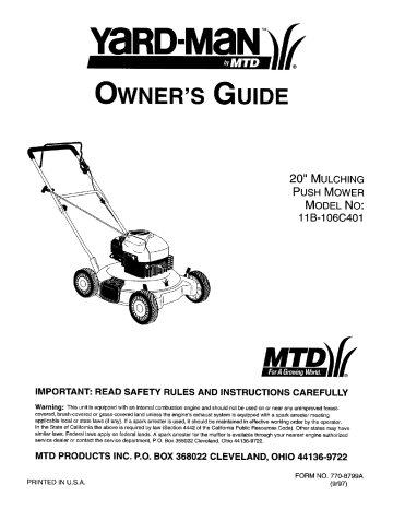 MTD 11B-106C401 Gas Walk Behind Lawnmower Owner's Manual | Manualzz