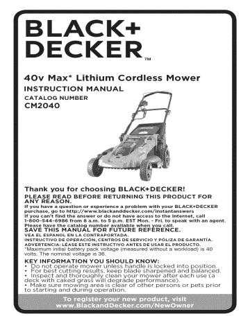 Black Decker CM2040 TYPE 1 Electric Lawn Mower Owner s Manual