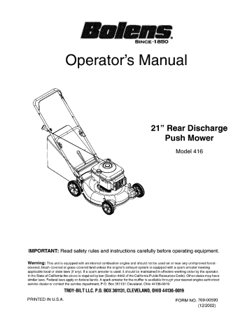 Bolens 11A-416H763 Lawn Mower Owner's Manual | Manualzz