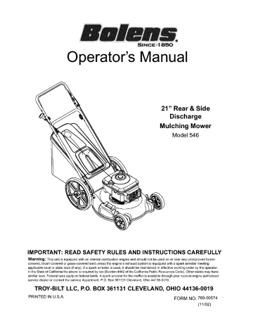 Bolens 11A-546I763 Lawn Mower Owner's Manual | Manualzz