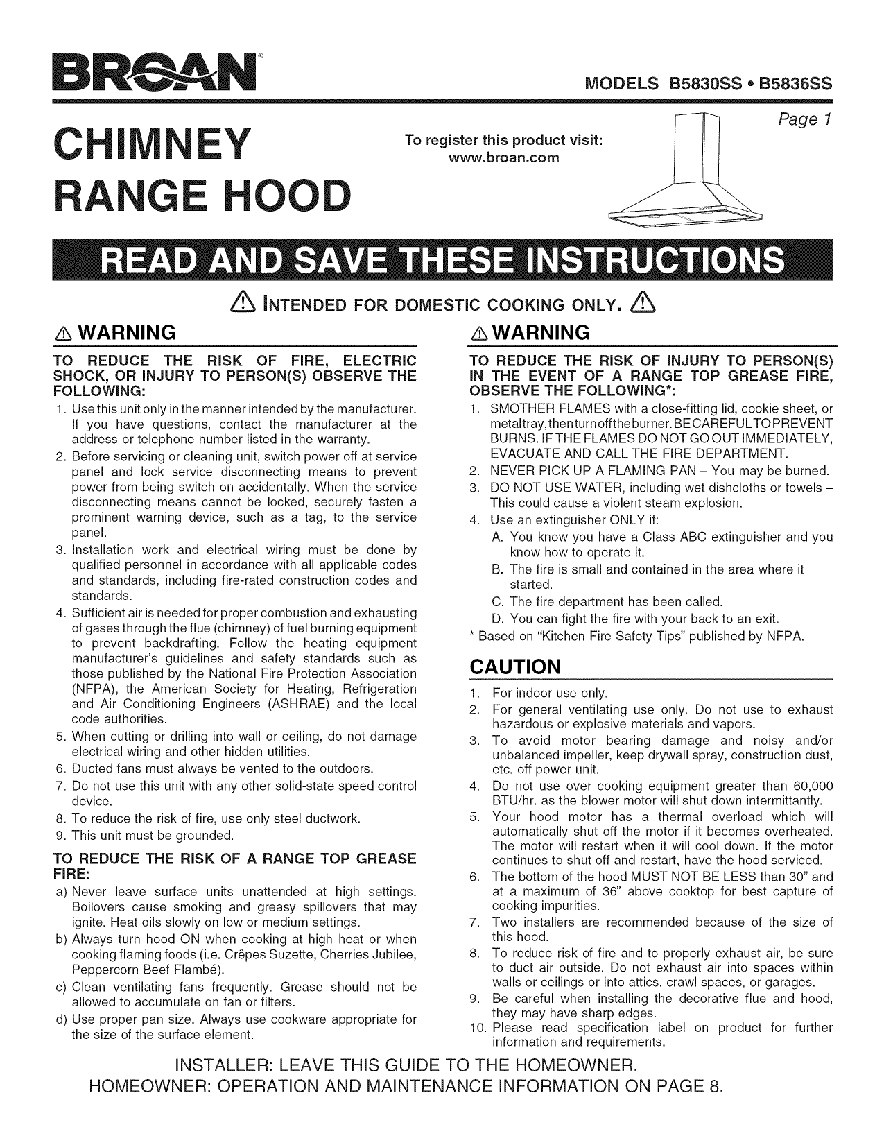 Broan B5830SS Installation guide | Manualzz