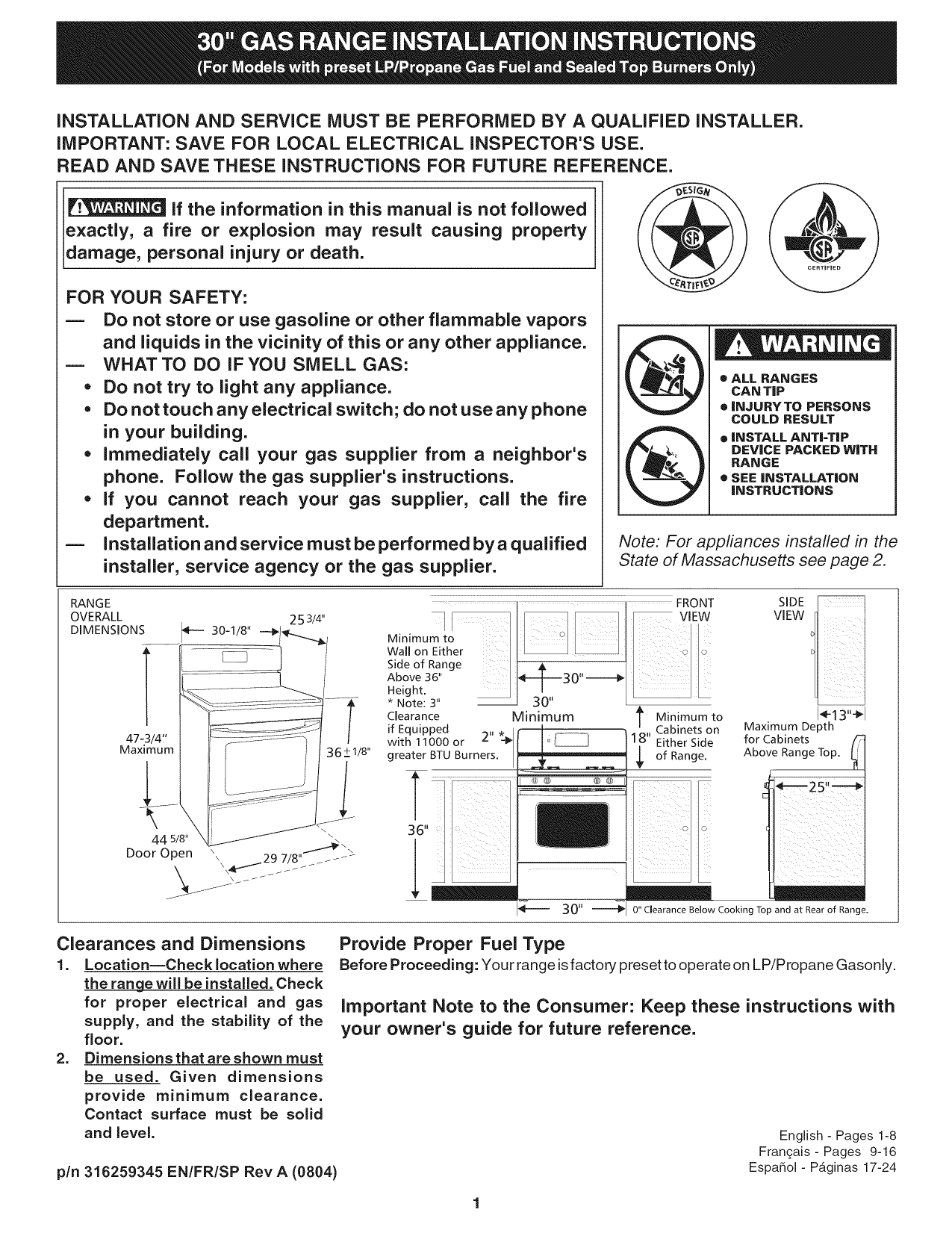 Frigidaire FLF337ECN Gas Range installation Guide Manualzz