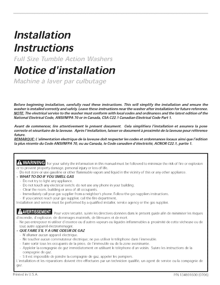 Frigidaire GTF1040FS3, BTF1240FS1, GTF1040FS2, FTF530FS1 Installation