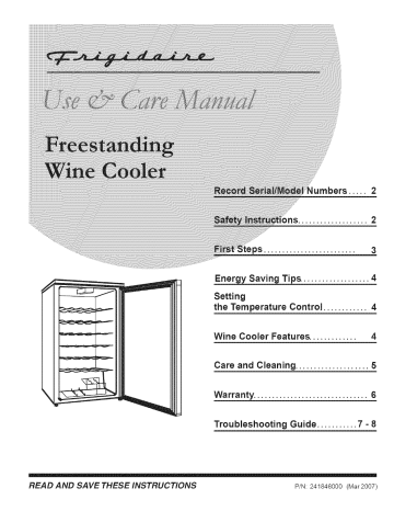 Frigidaire FWC342GB Wine Cooler Owner's Manual | Manualzz