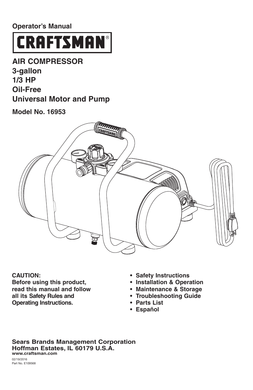 Craftsman 921169530 Air Compressor Owner's Manual | Manualzz