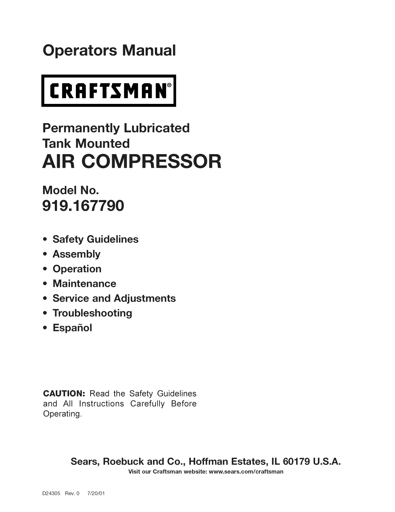 Craftsman 919167790 Air Compressor Owner's Manual Manualzz