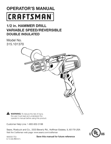 Craftsman 315101370 Hammer Drill Owner's Manual | Manualzz