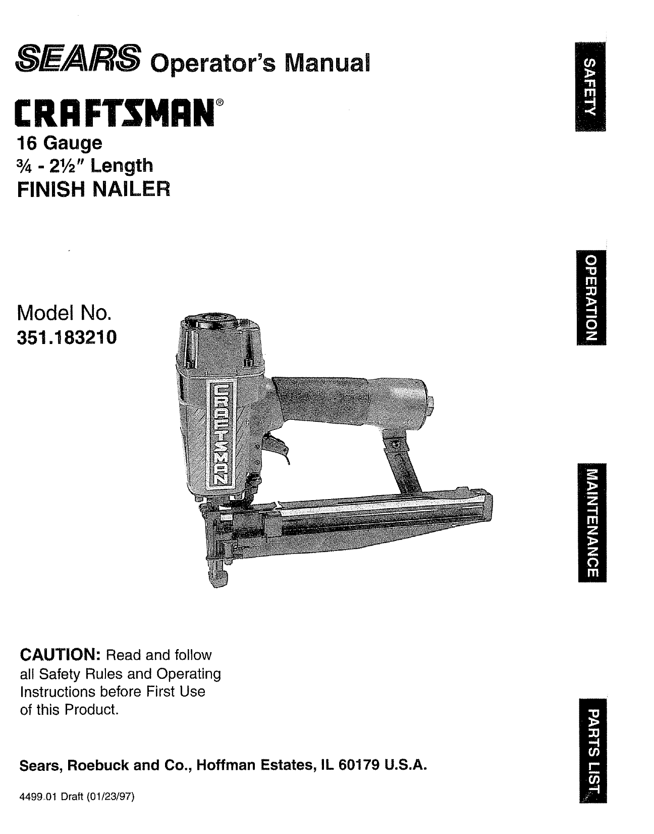 Craftsman 351183210 Nailer Owner's 