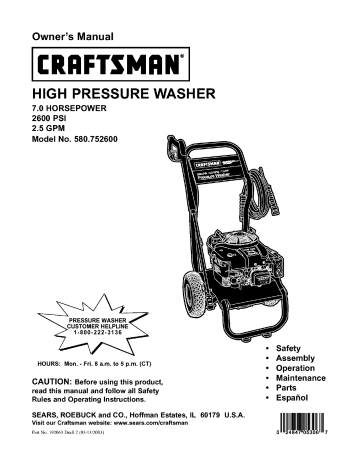 Craftsman 580752600 Pressure Washer Owner's Manual | Manualzz