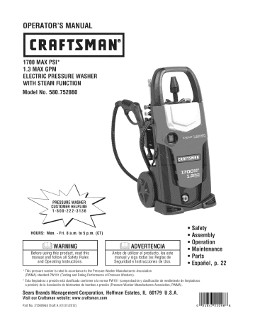 Craftsman 580752860 Electric Pressure Washer Owner's Manual | Manualzz