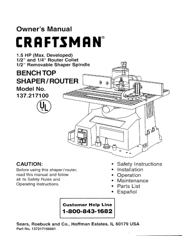 Craftsman 137217100 Shaper/Router Owner's Manual | Manualzz