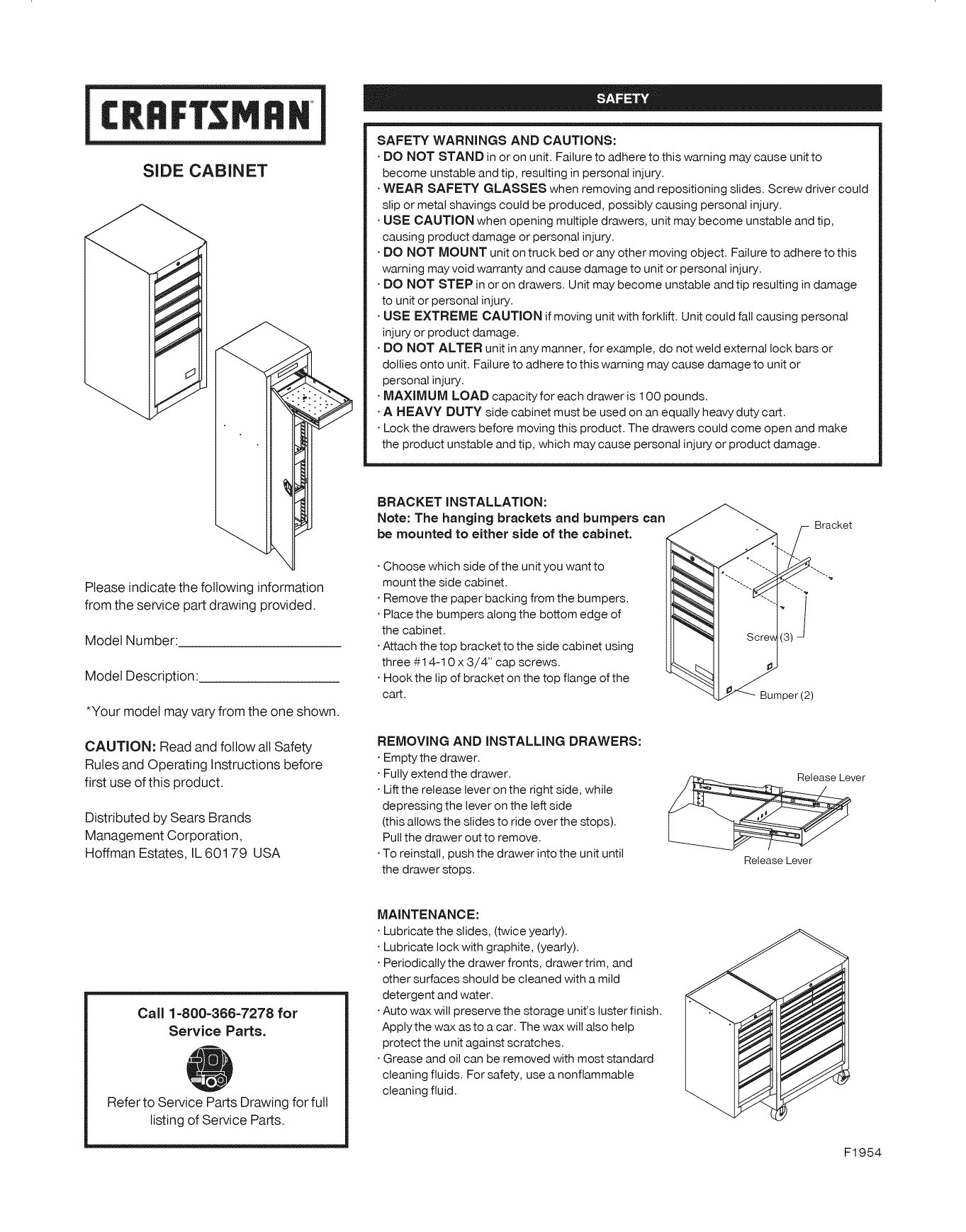 Craftsman 706596060 Tool Chest Owner's Manual Manualzz
