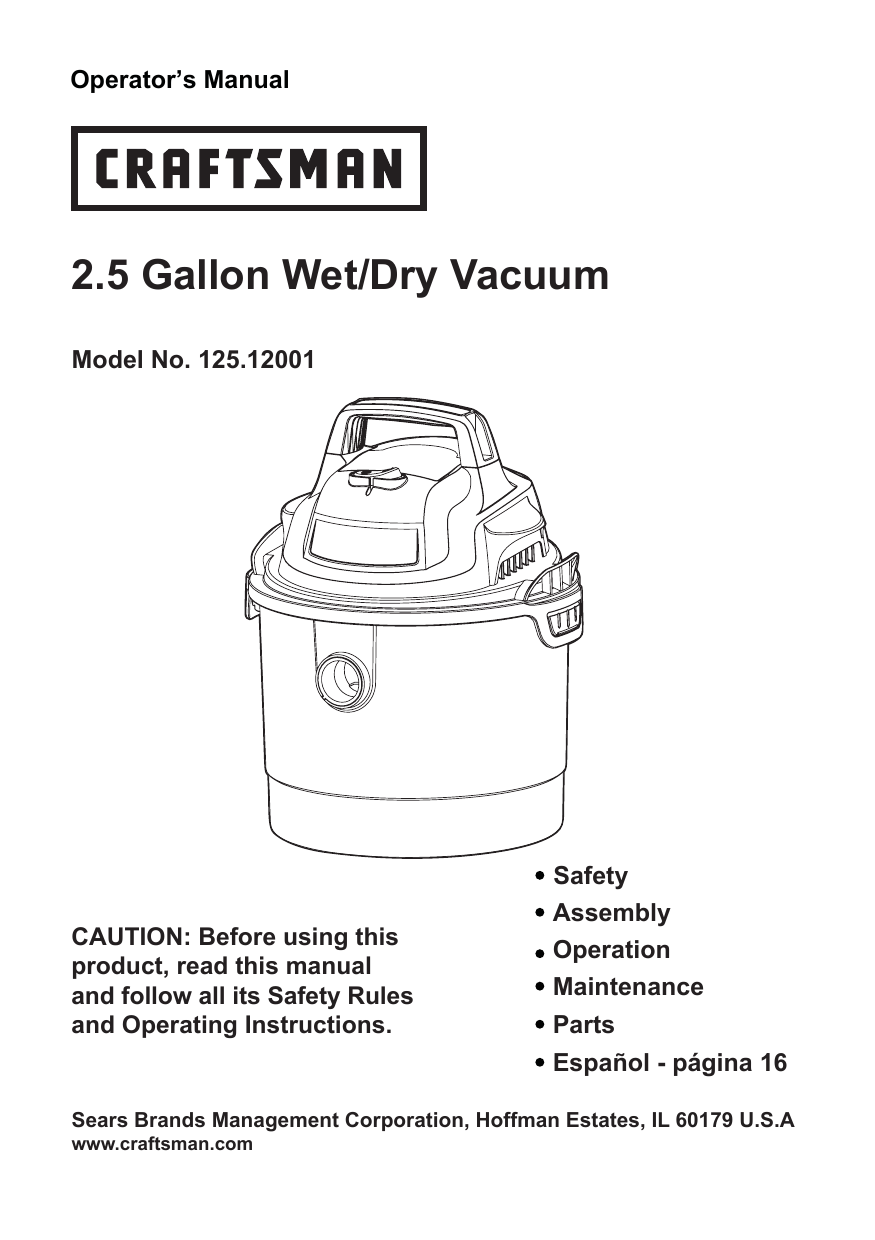 Craftsman 12512001 Wet/Dry Vacuum Owner's Manual Manualzz