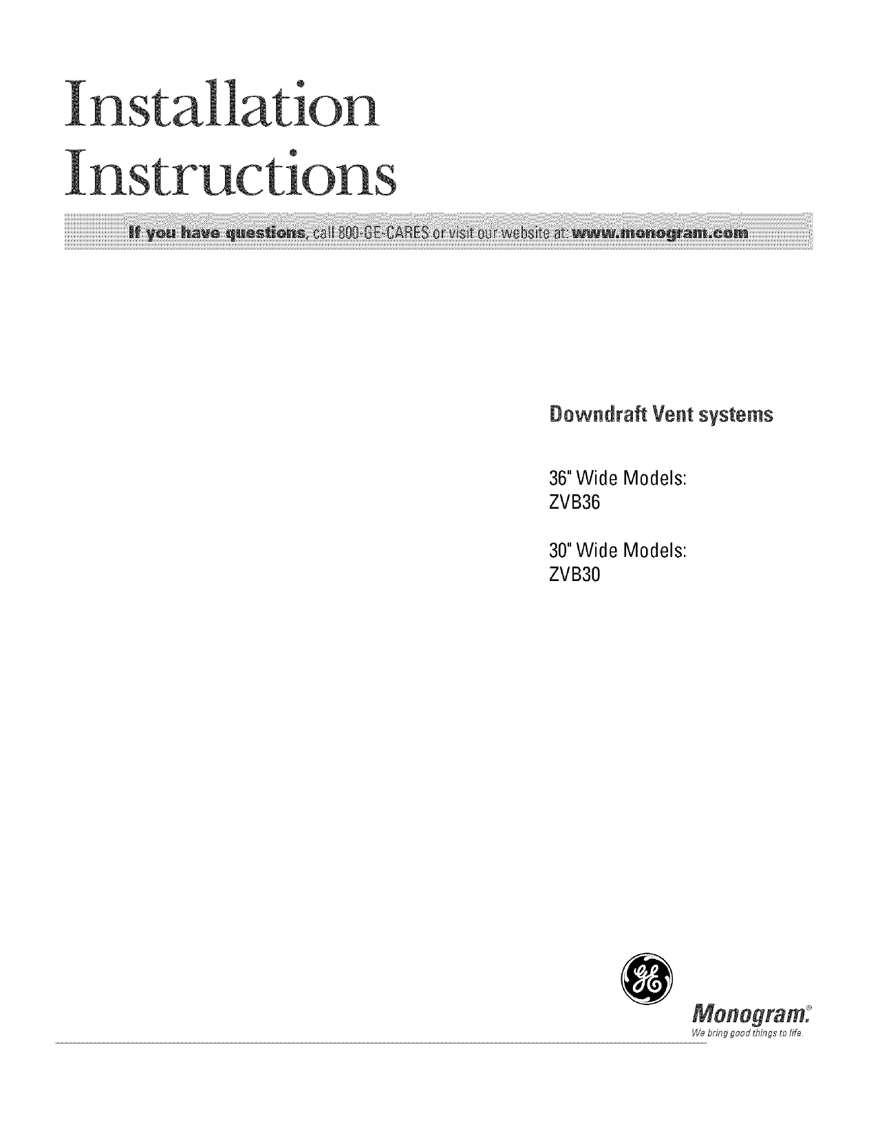 GE ZVB30H1BB Downdraft Vent System installation Guide Manualzz