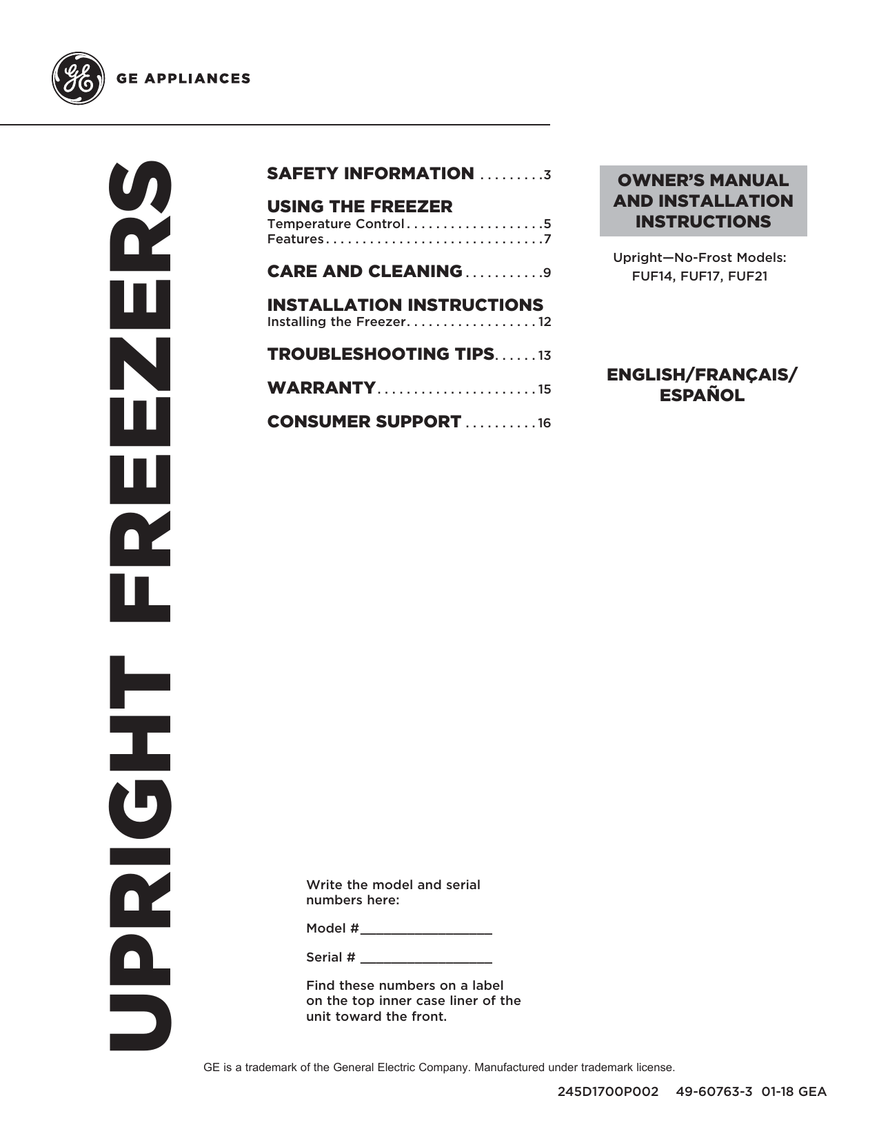 GE FUF17DLRAWW Upright Freezer Owner's Manual Manualzz