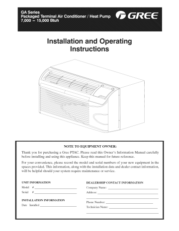 Gree PTAC-GAE12AB-P Air Conditioner installation Guide  Manualzz