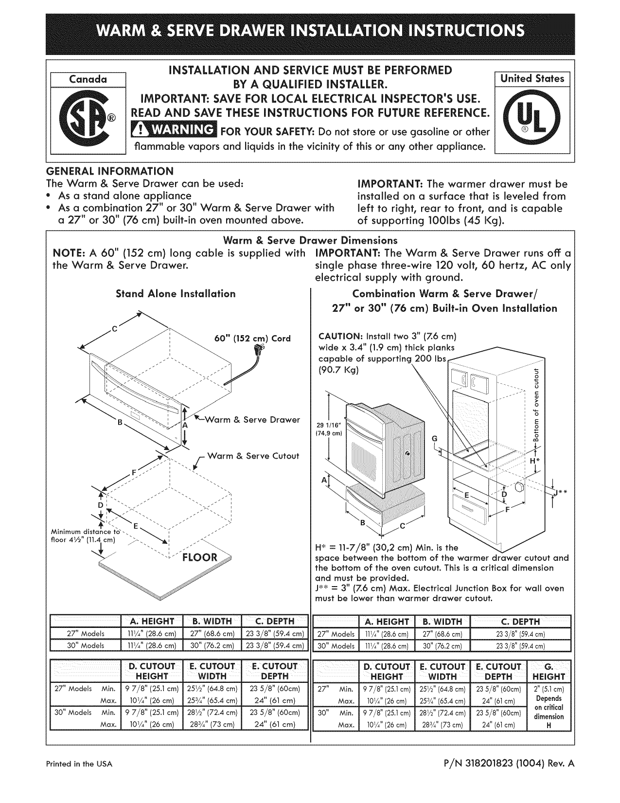 Kenmore Pro 79046913511 Warming Drawer installation Guide