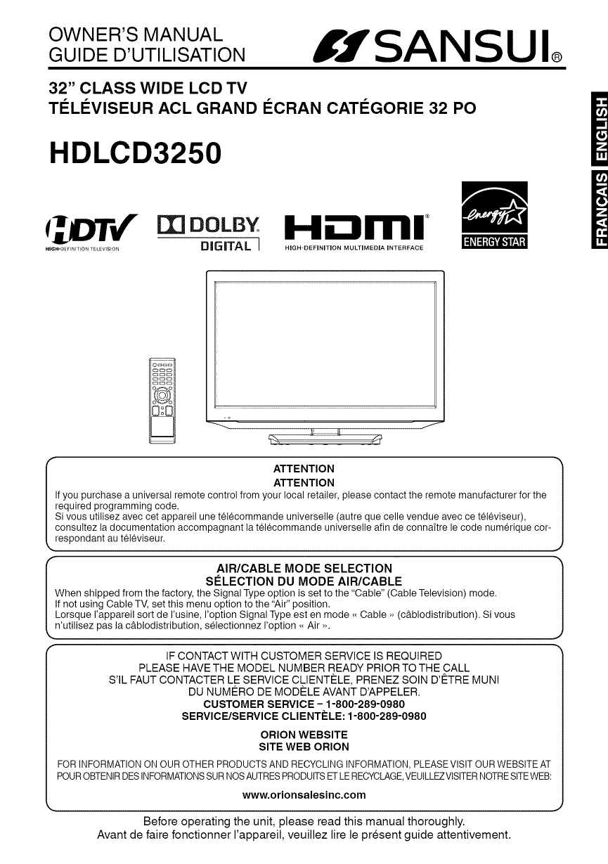 Sansui Hdlcd3250 Lcd Television Owner S Manual Manualzz