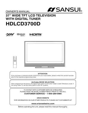 Sansui HDLCD3700D LCD Television Owner's Manual | Manualzz