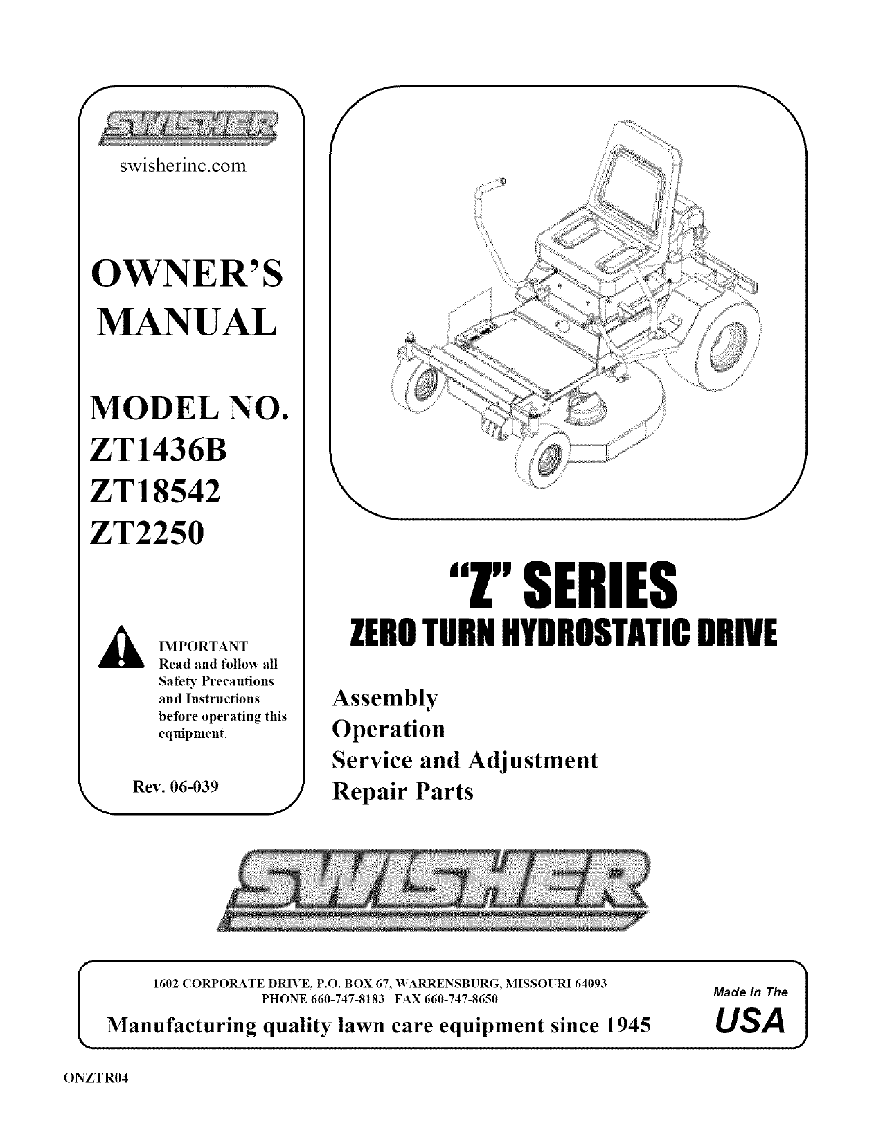 Swisher ZT2250, ZT1436B, ZT18542 Owner's manual | Manualzz