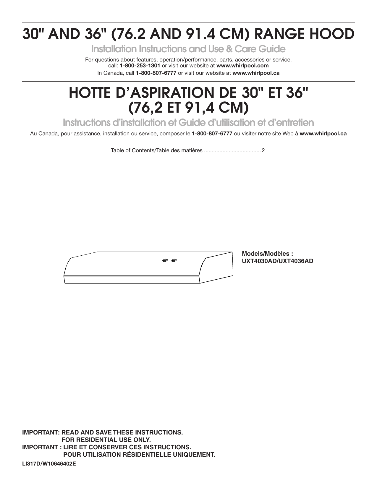 Whirlpool UXT4036ADW0 Range Hood Owner's Manual Manualzz