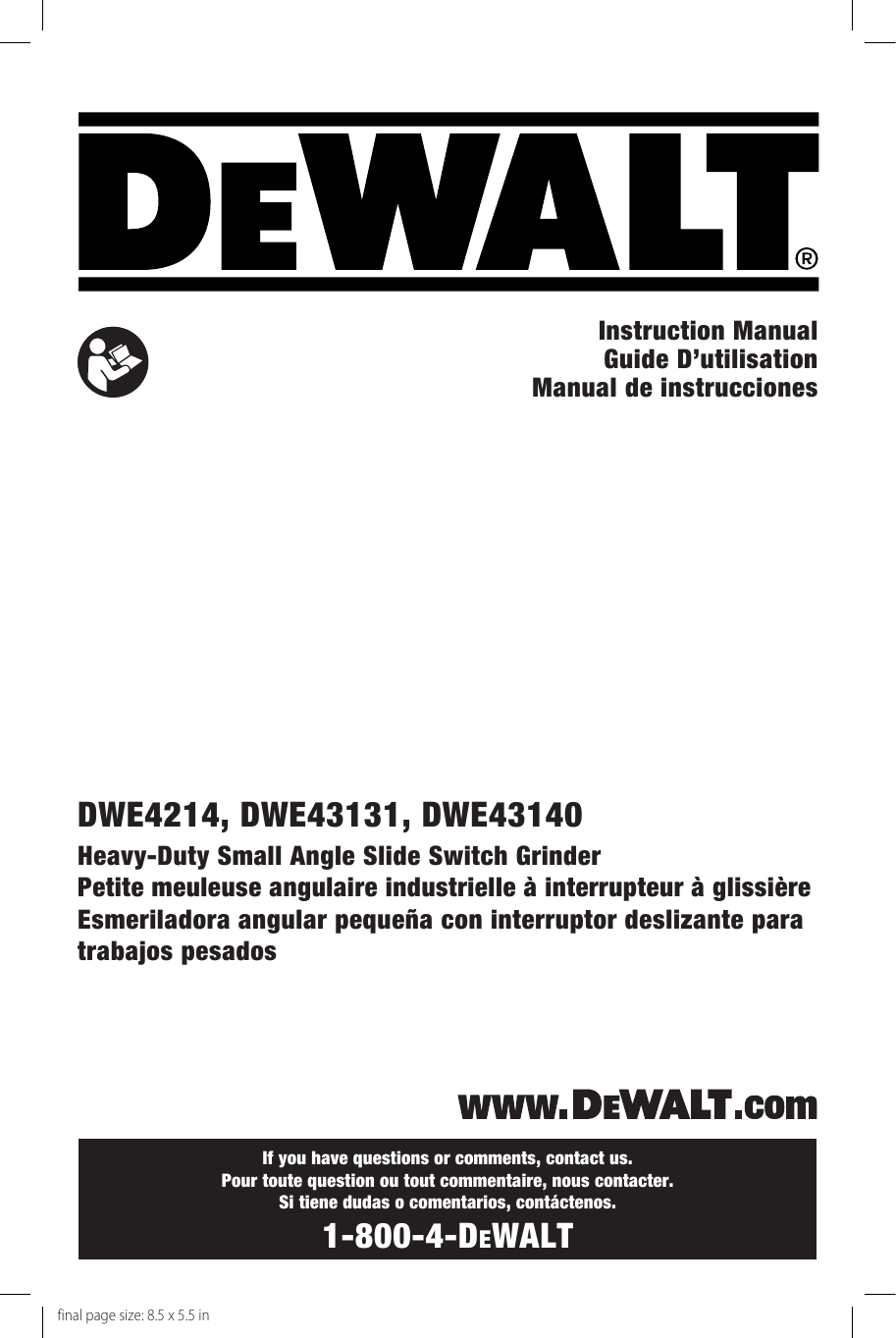 DeWalt DWE43131 TYPE 1 Angle Grinder Owner's Manual Manualzz