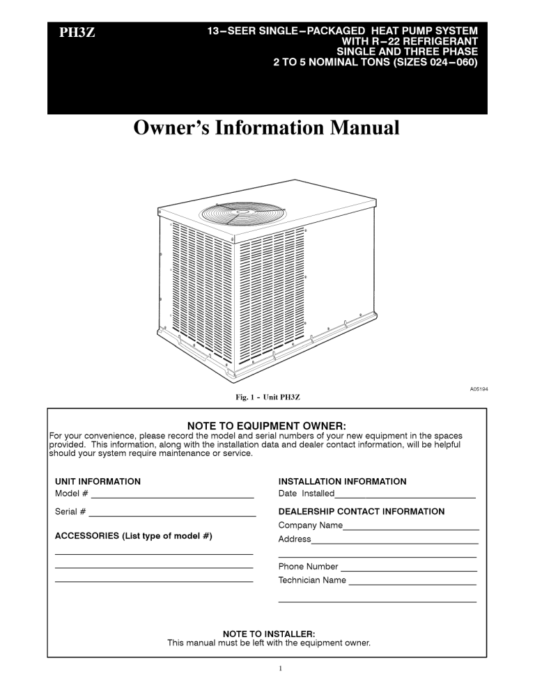 Payne PH3ZNA030000AA, PH3ZNA024000AA, PH3ZNA036000AA Owner's manual ...