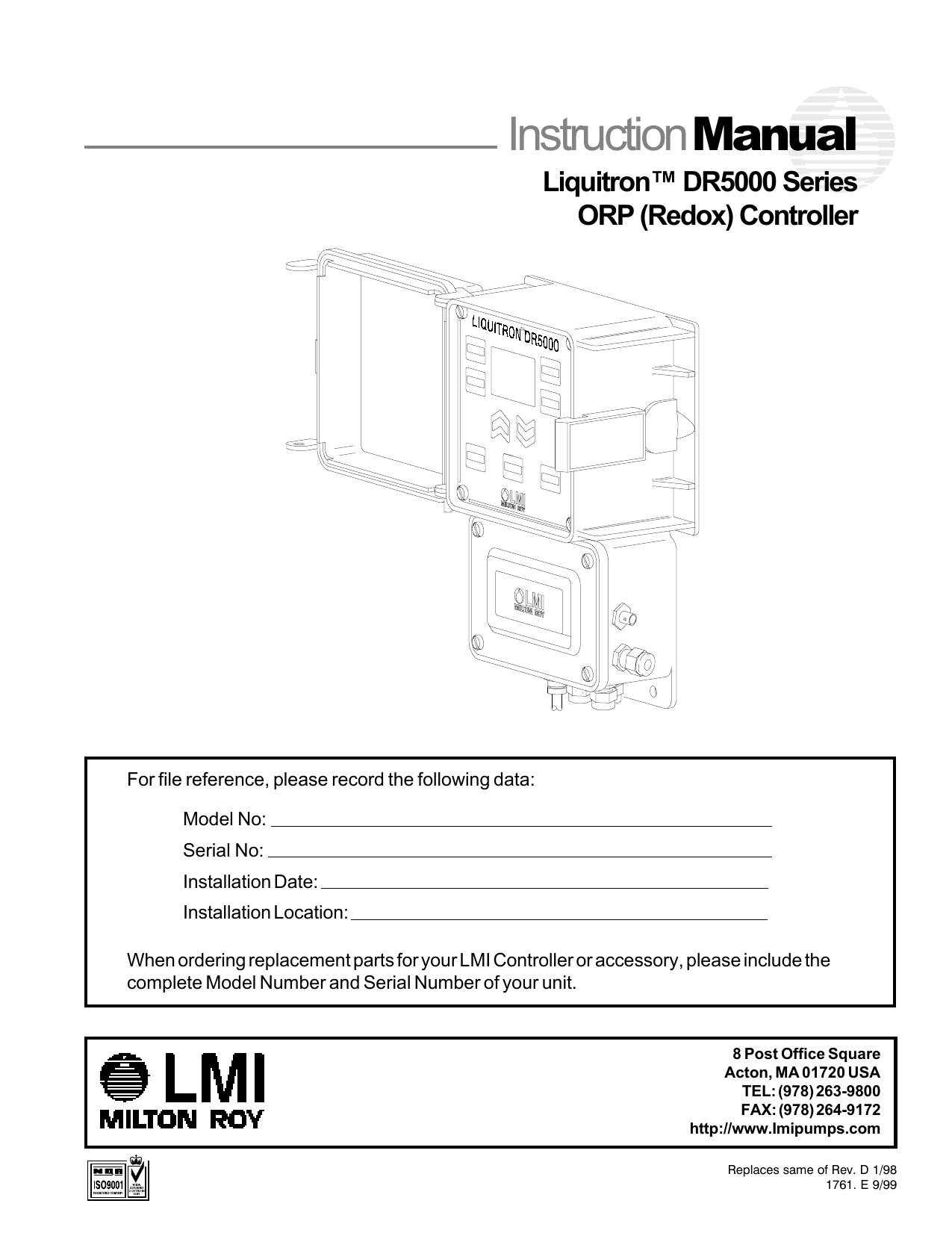 LMI DR50002A0 pH & ORP Controller Owner's Manual Manualzz