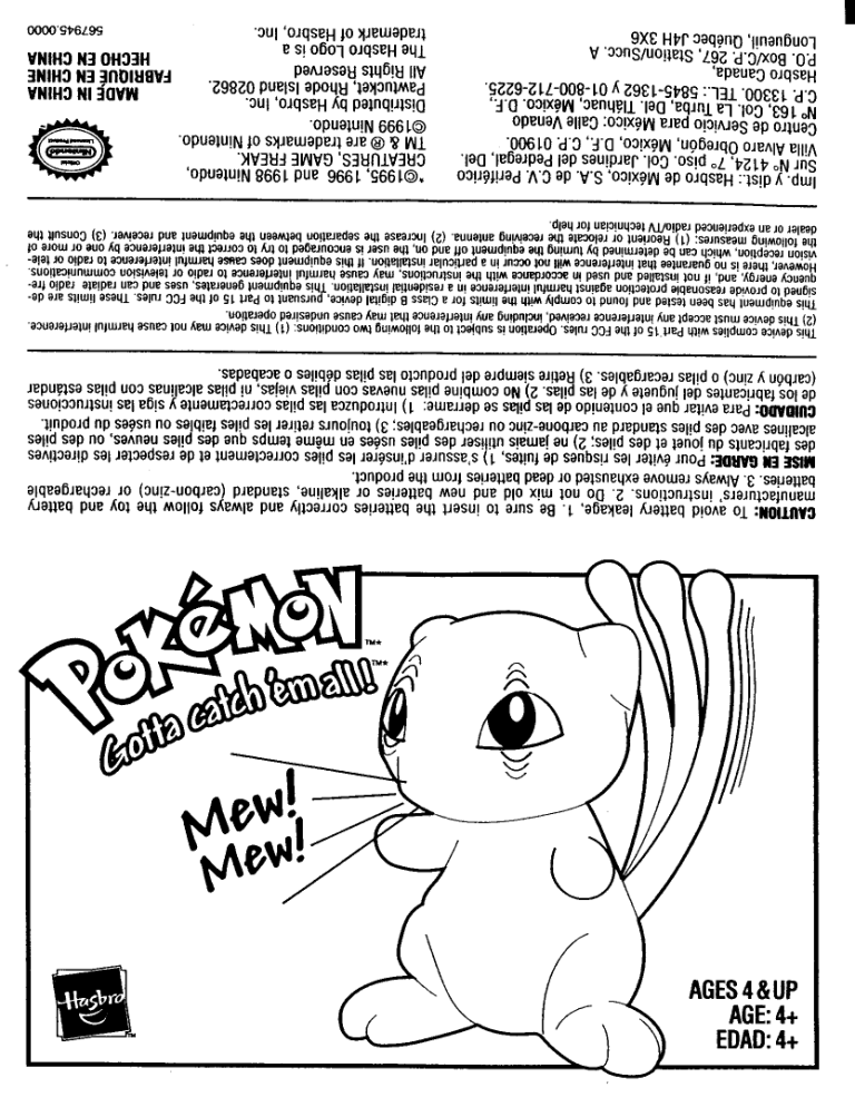 Hasbro Pokemon Mew Operating Instructions Manualzz