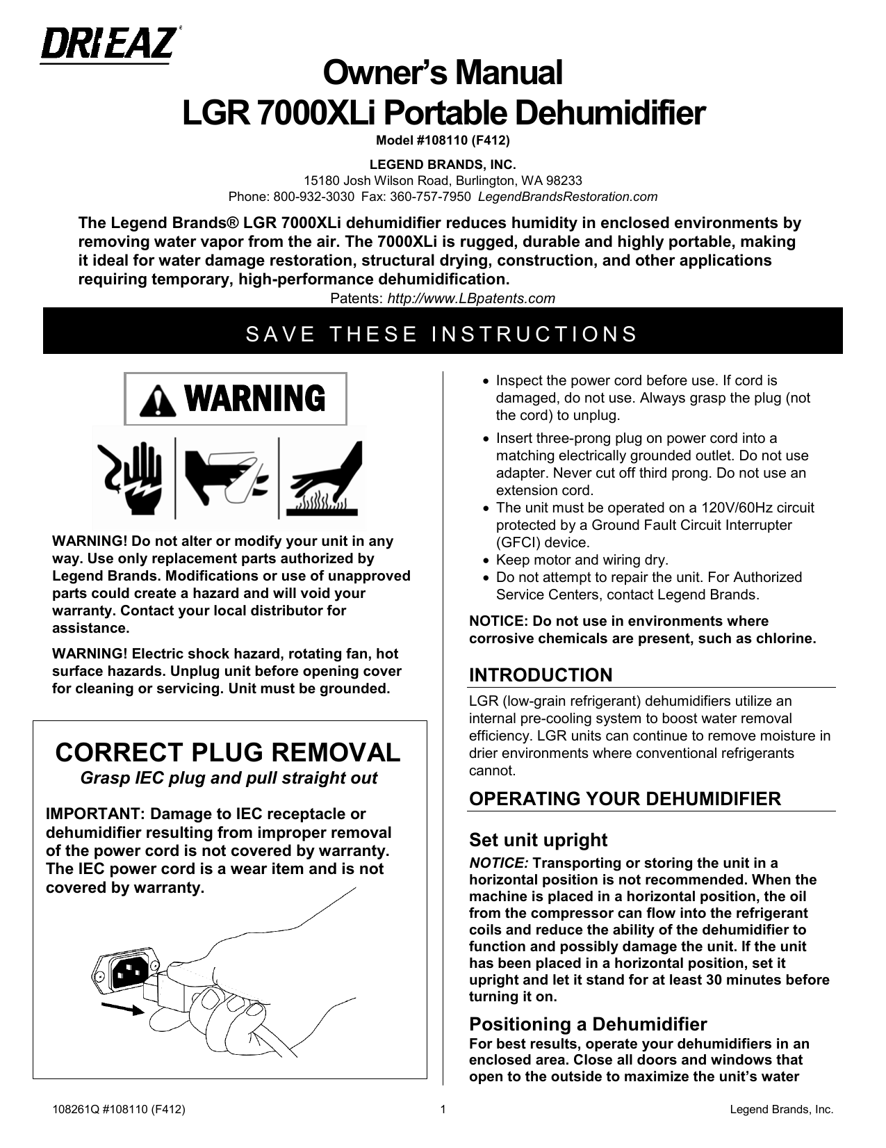 Dri-Eaz 108110 (F412), LGR 7000XLi, Legend Brands LGR 7000XLi Owner's ...