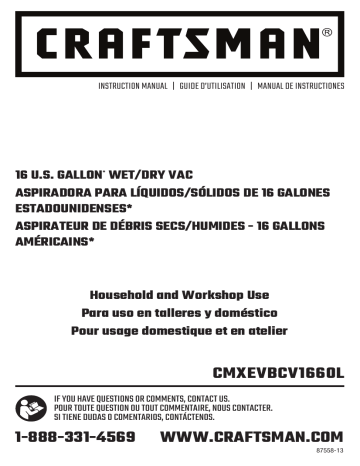 Craftsman CMXEVBCV1660L 16 Gal.* 6.0 Peak HP** Wet/Dry vac Product Manual |  Manualzz