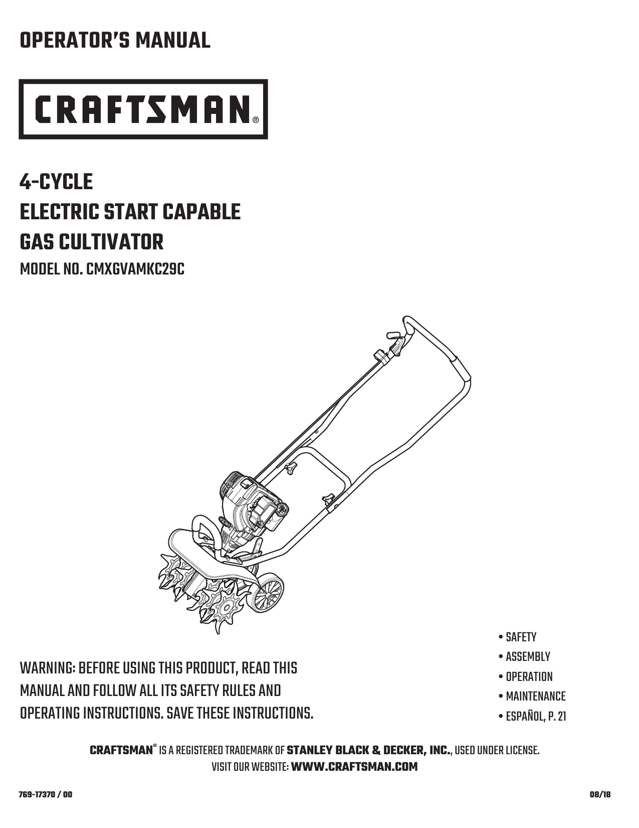 Craftsman CMXGVAMKC29C 29cc, 4Cycle Gas Cultivator Product Manual