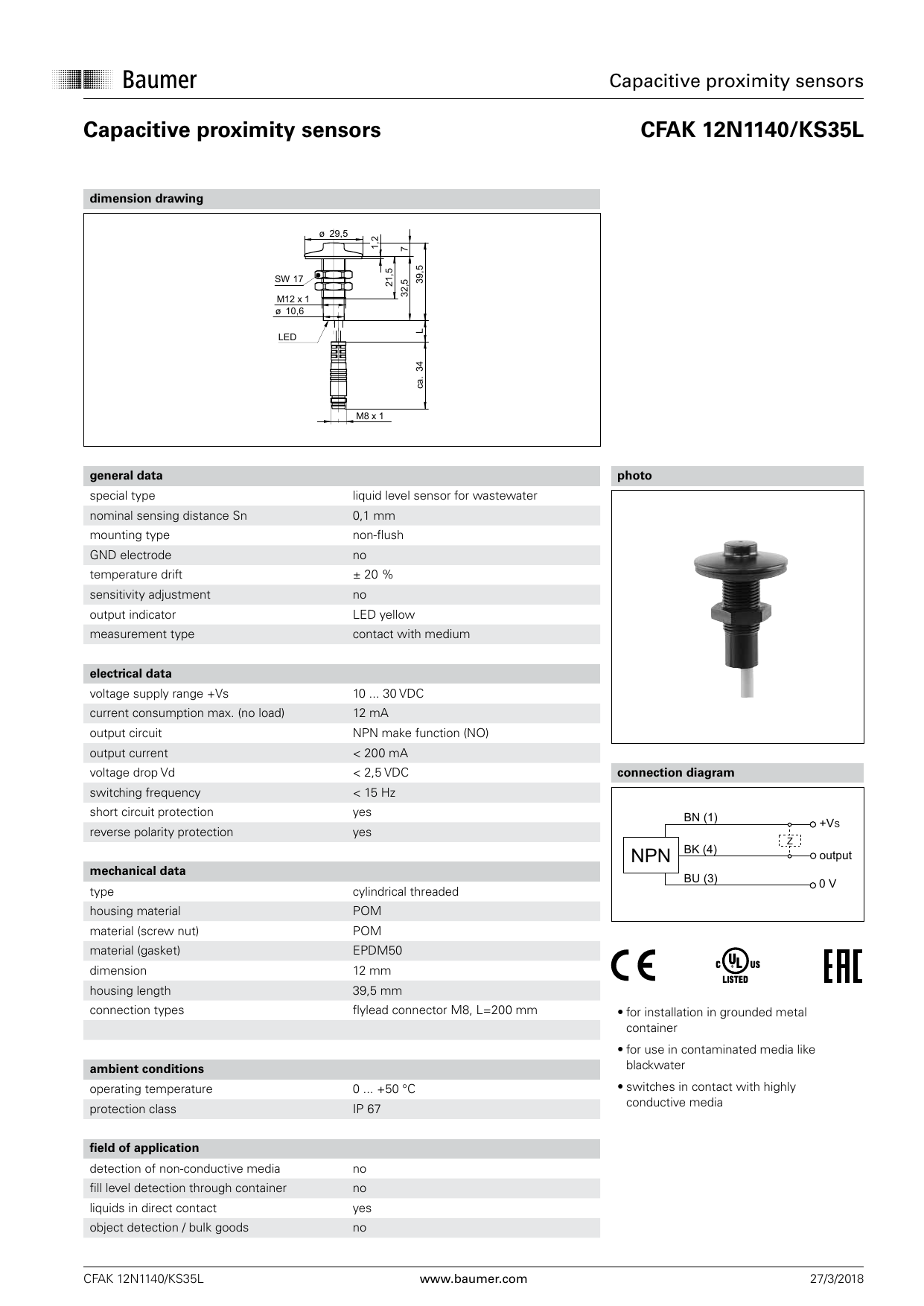Baumer CFAK 12N1140/KS35L Capacitive proximity sensor Data sheet | Manualzz
