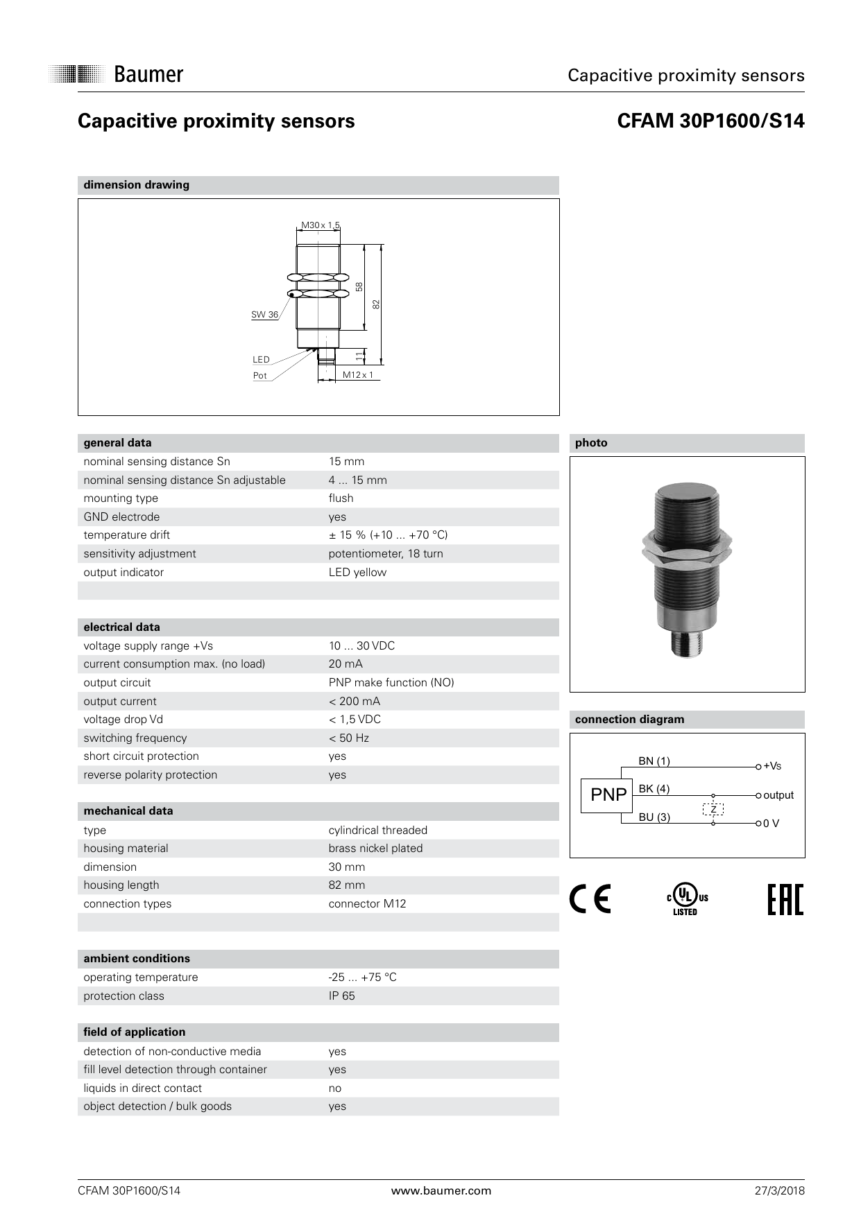 Baumer CFAM 30P1600/S14 Capacitive proximity sensor Data sheet Manualzz
