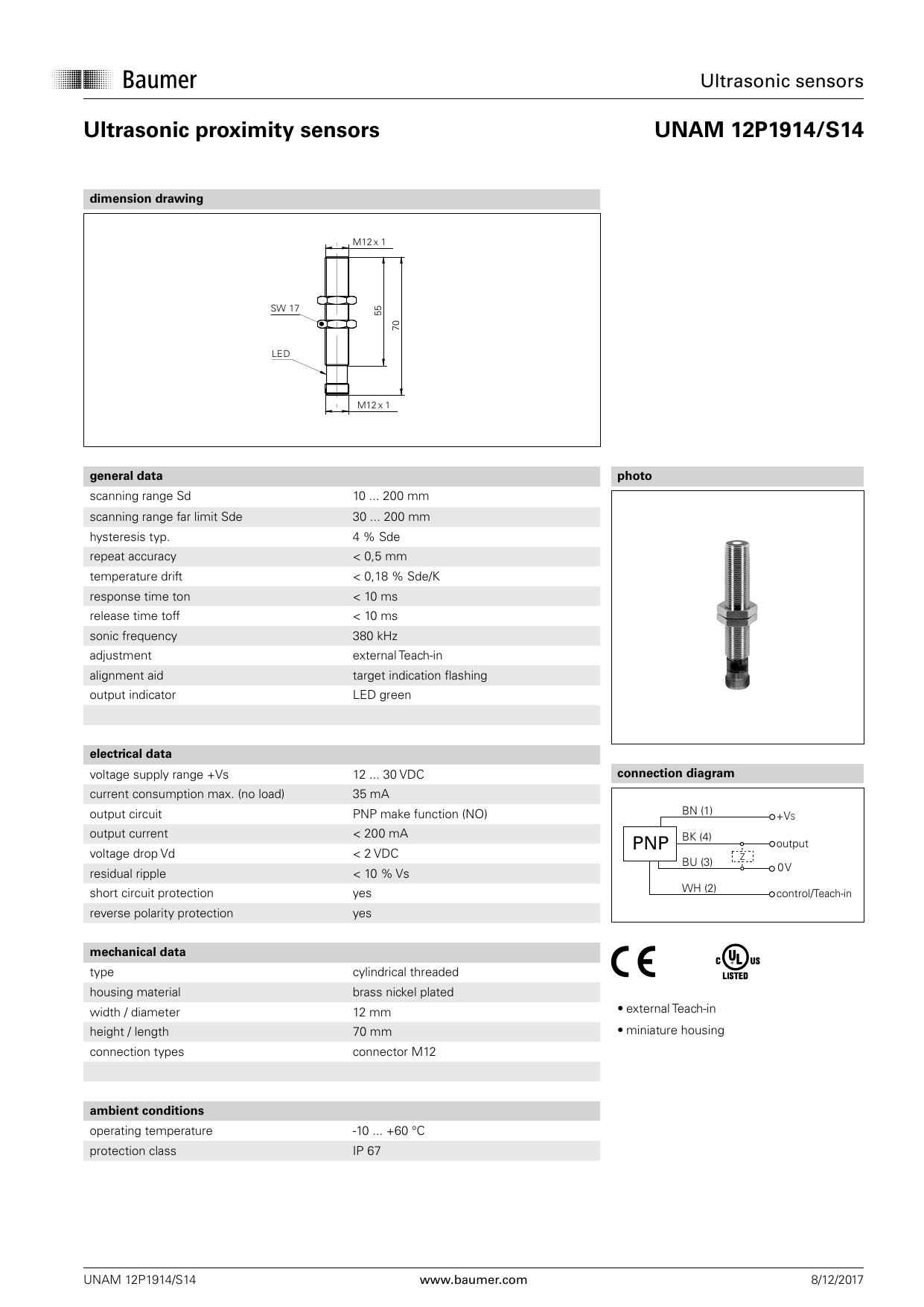 Baumer UNAM 12P1914/S14 Ultrasonic proximity sensor Data sheet Manualzz