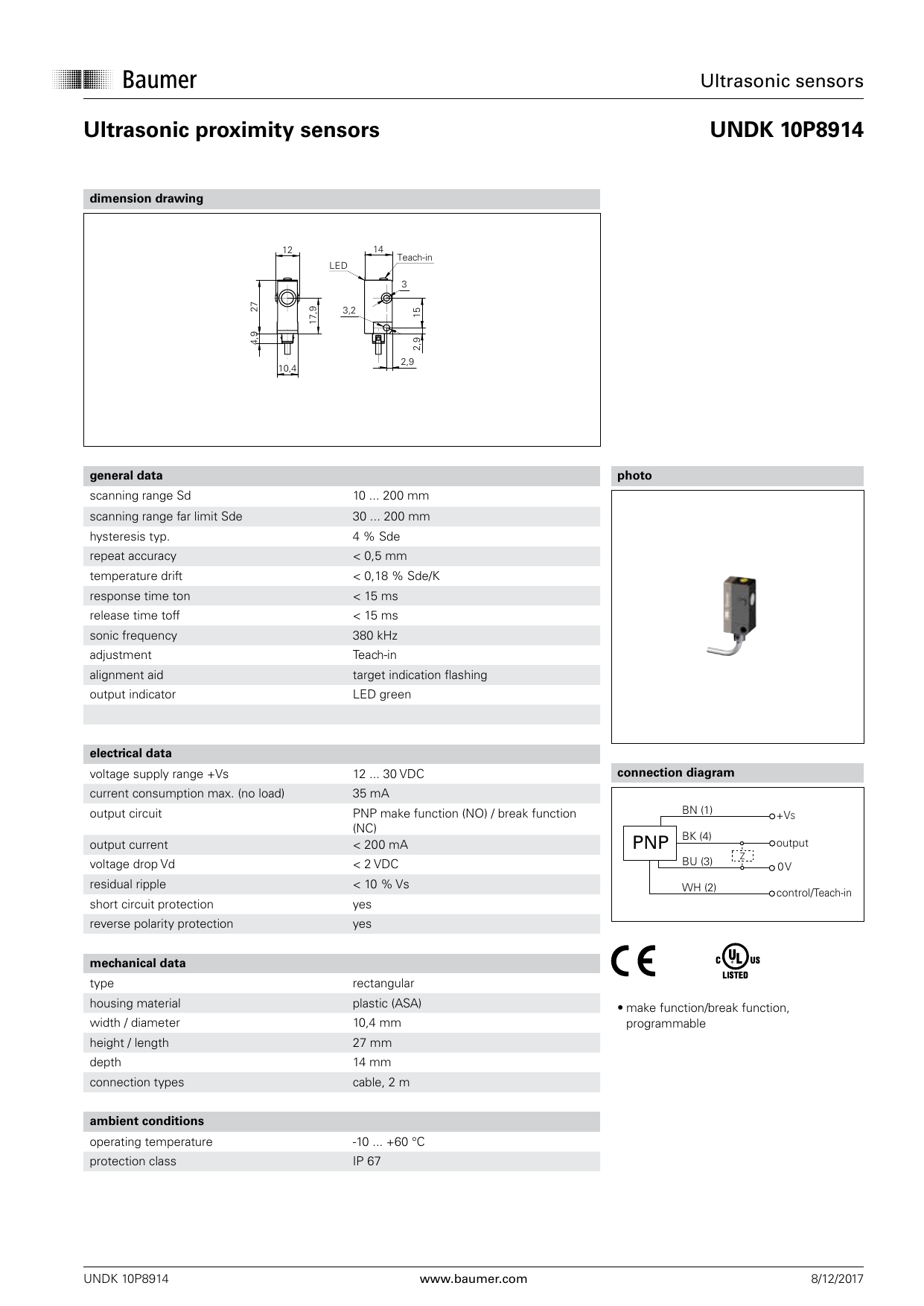 Baumer UNDK 10P8914 Ultrasonic proximity sensor Data sheet Manualzz