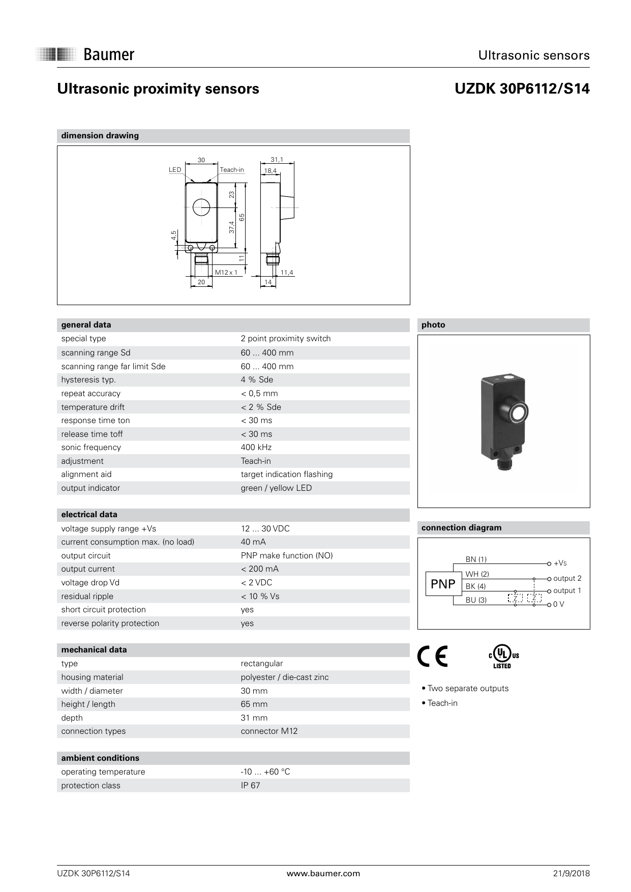 Baumer UZDK 30P6112/S14 Ultrasonic proximity sensor Data sheet Manualzz