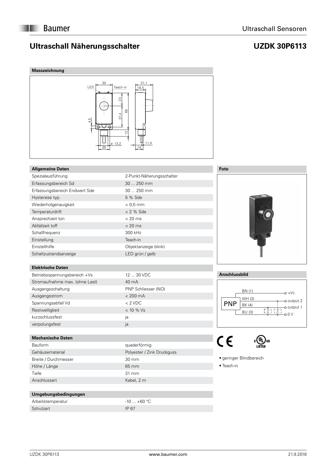 Baumer UZDK 30P6113 Ultrasonic proximity sensor Data sheet Manualzz
