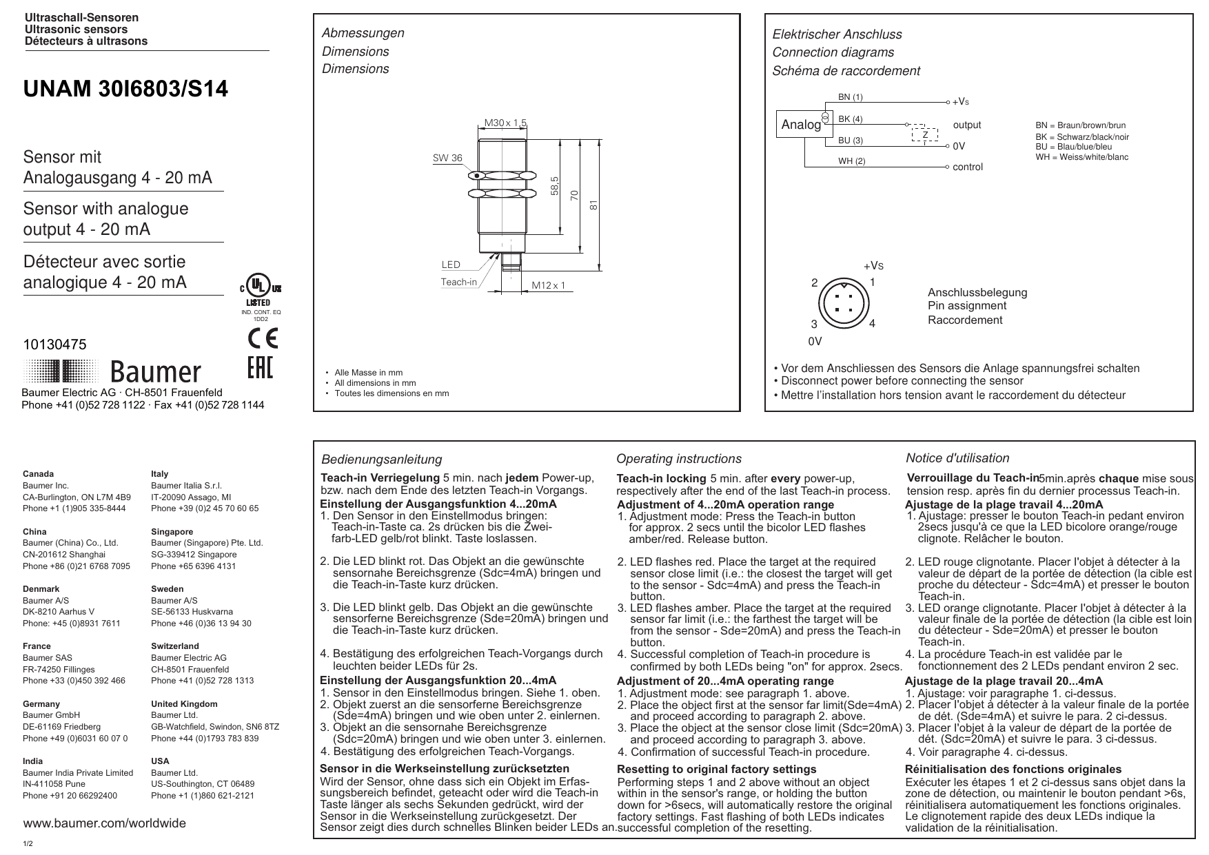 Baumer UNAM 30I6803/S14 Operating instructions | Manualzz