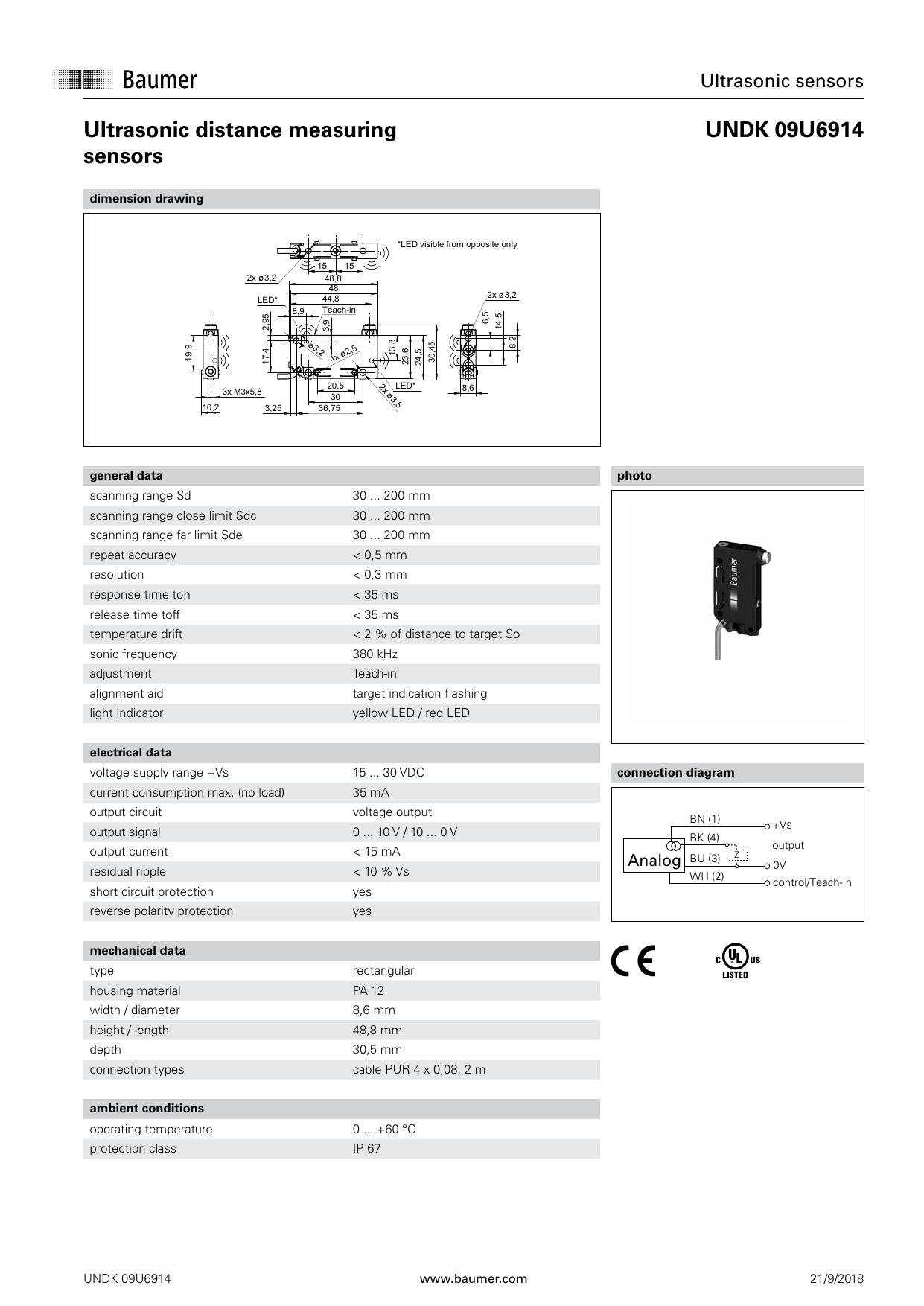 Baumer UNDK 09U6914 Ultrasonic distance measuring sensor Data sheet Manualzz