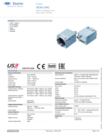 Baumer VEXU-24C Industrial camera Data sheet | Manualzz