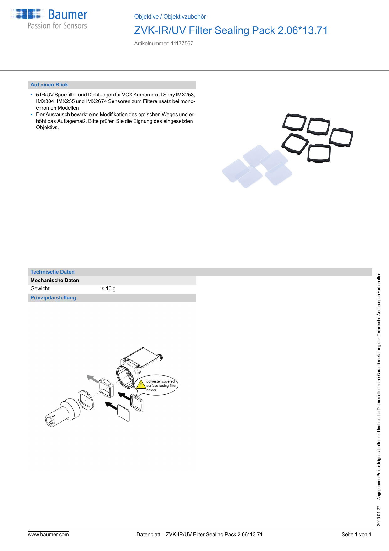 Baumer Zvk Ir Uv Filter Sealing Pack 2 06 13 71 Datasheet Manualzz