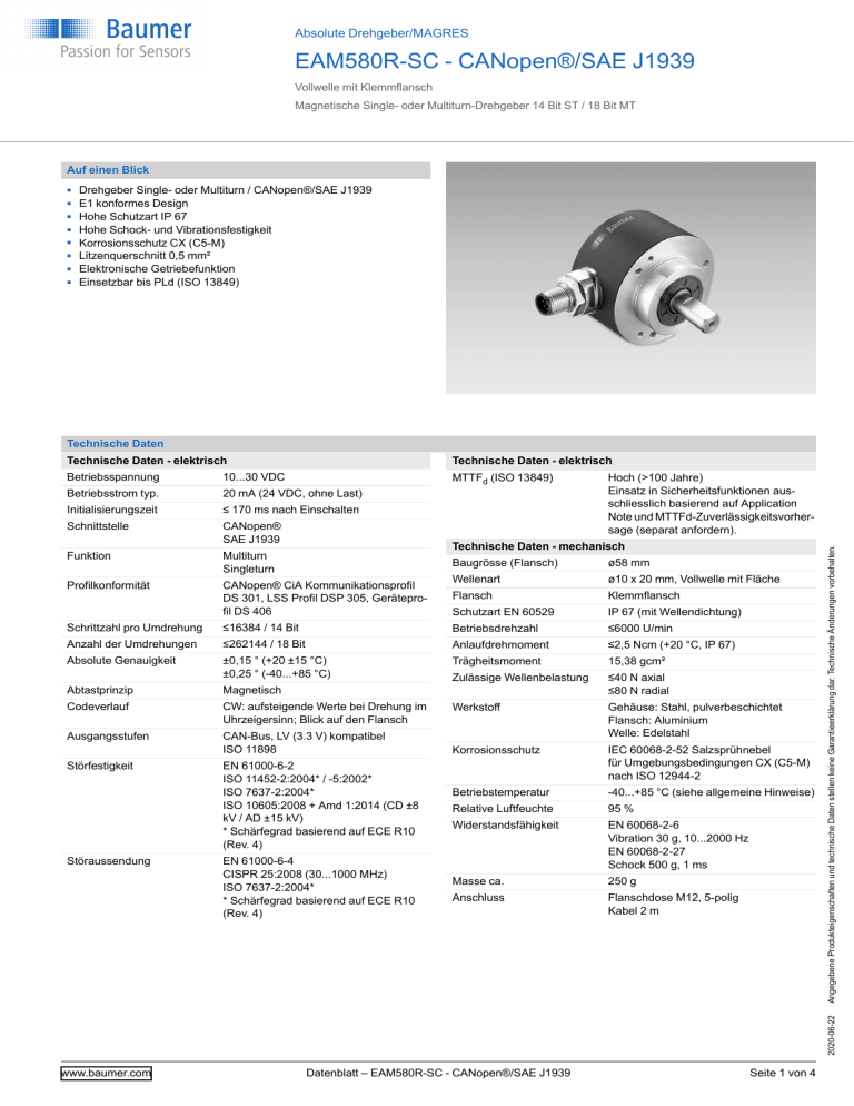 Baumer EAM580R-SC - CANopen®/SAE J1939 Datasheet | Manualzz