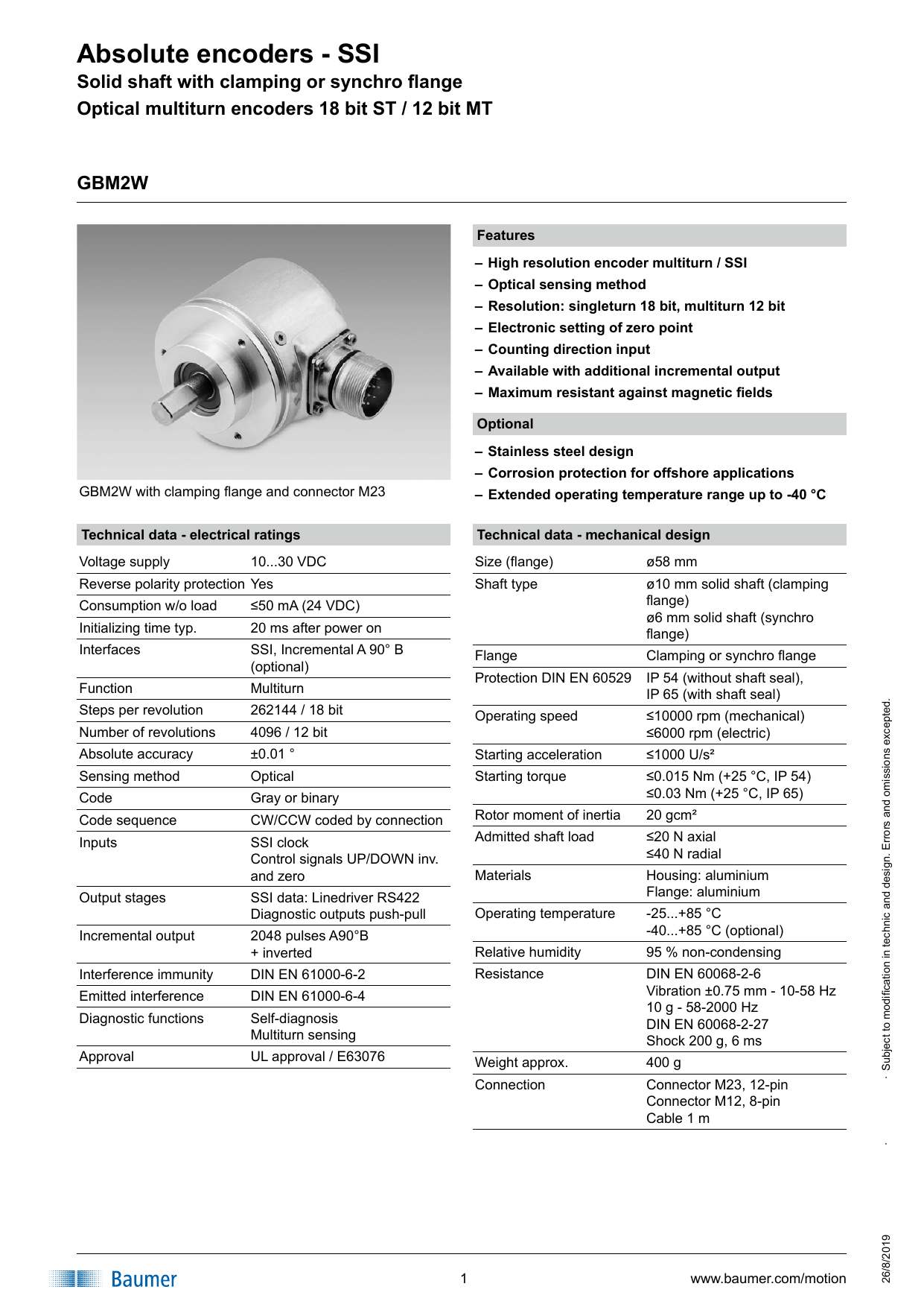 Baumer GBM2W Absolute encoder Data sheet | Manualzz