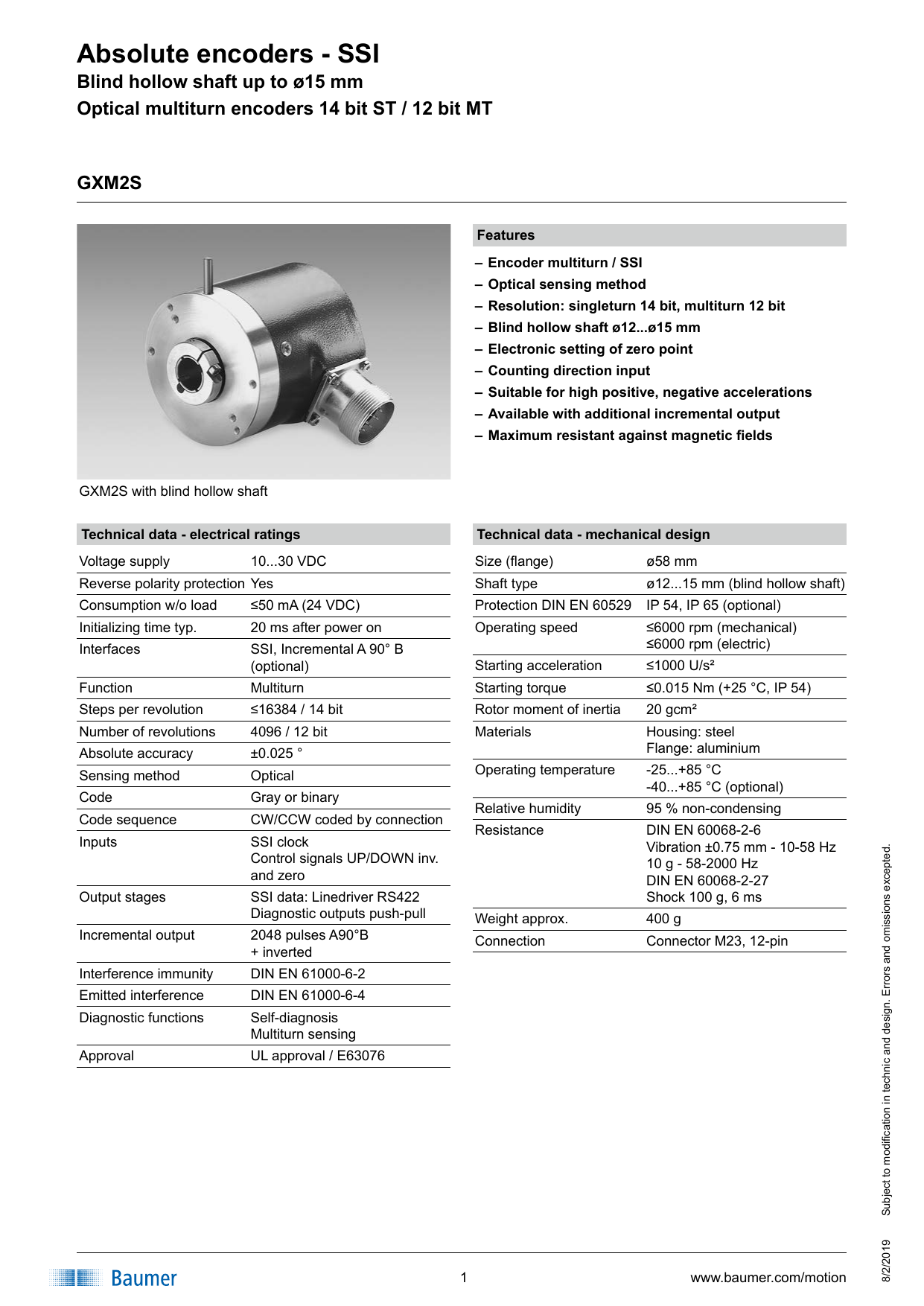 Baumer GXM2S Absolute encoder Data sheet | Manualzz