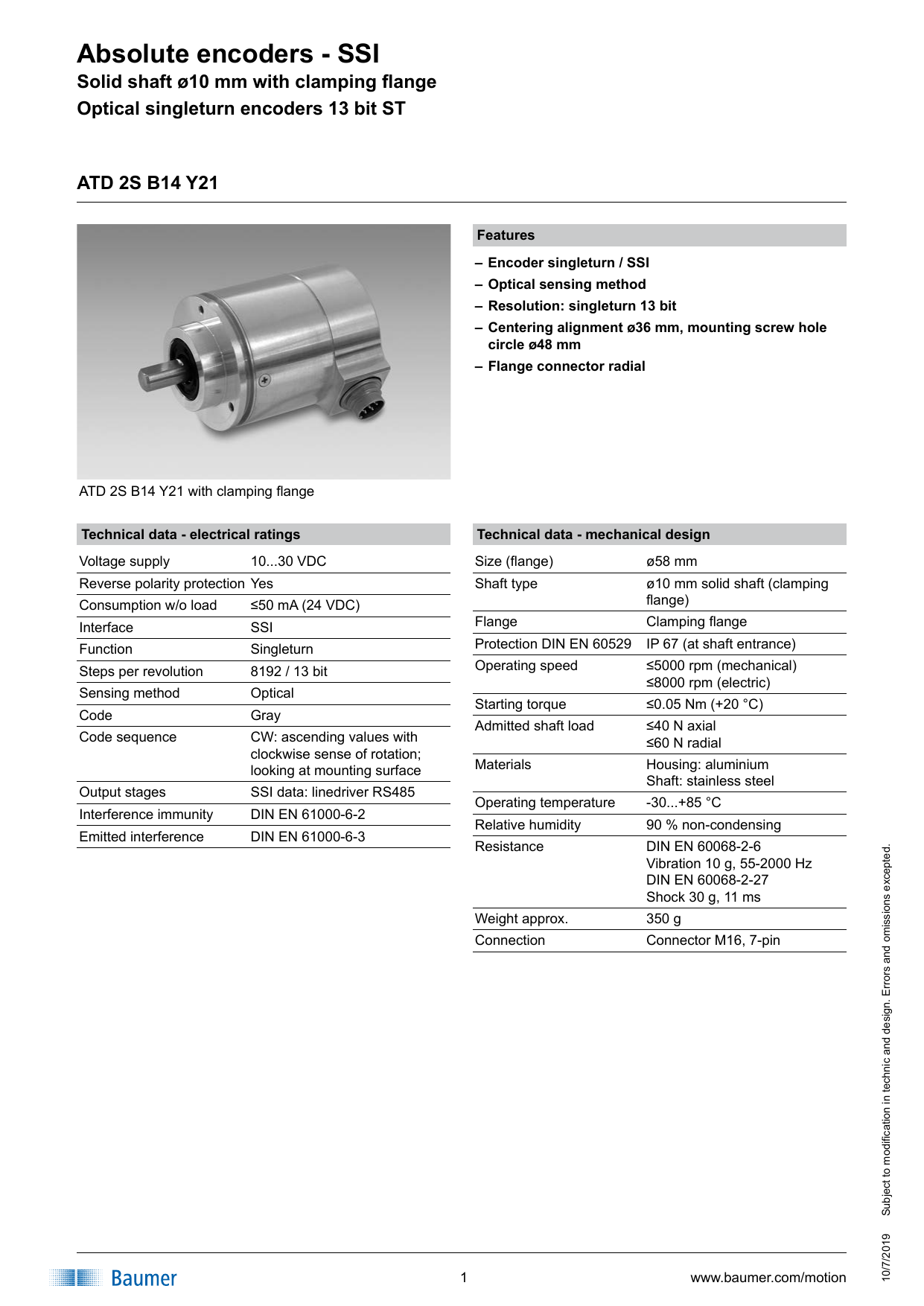 Baumer ATD 2S B14 Y21 Absolute encoder Data sheet | Manualzz